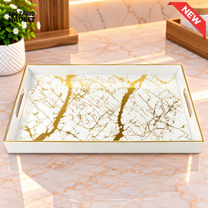 RECTANGULAR WHITE MARBLE DESIGN SERVING TRAY WITH GOLD DETAILING - SMALL - Serving Trays