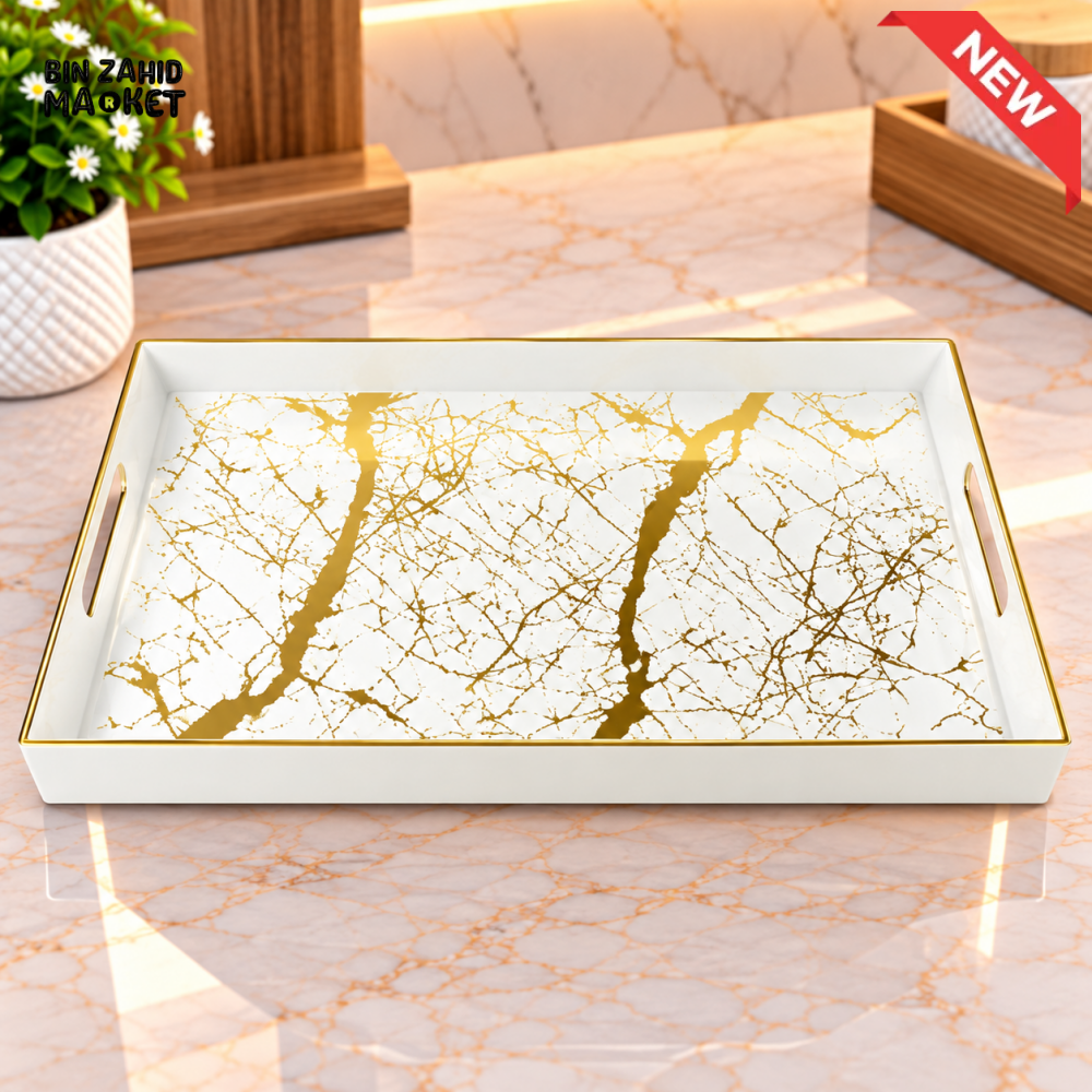 RECTANGULAR WHITE MARBLE DESIGN SERVING TRAY WITH GOLD DETAILING - SMALL - Serving Trays