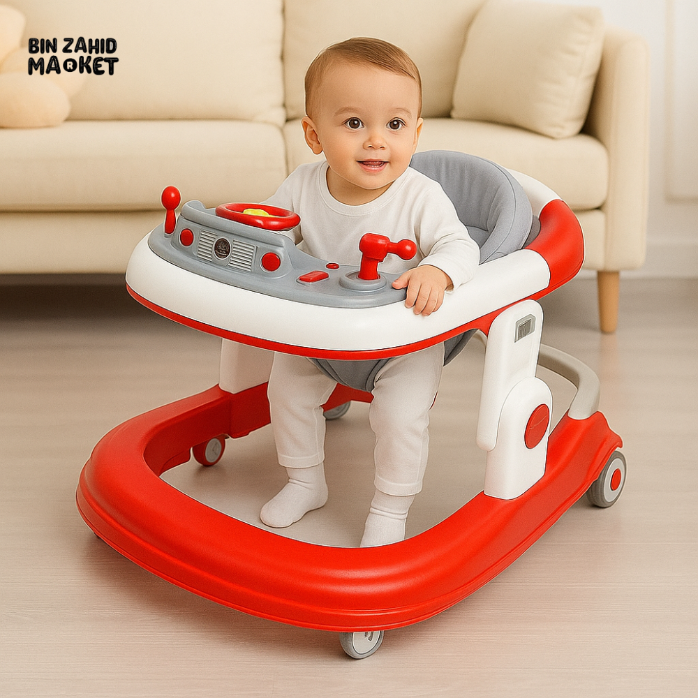 RED BABY WALKER – CAR-THEMED DESIGN WITH LIGHTS, MUSIC & INTERACTIVE STEERING FOR TODDLERS