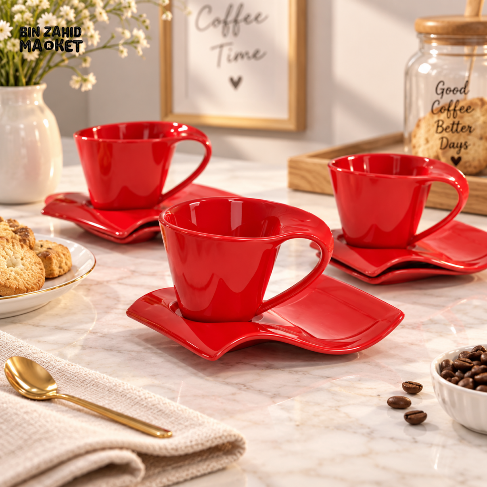RED CERAMIC TEA CUP WITH RECTANGULAR SAUCER - 1 PIECE