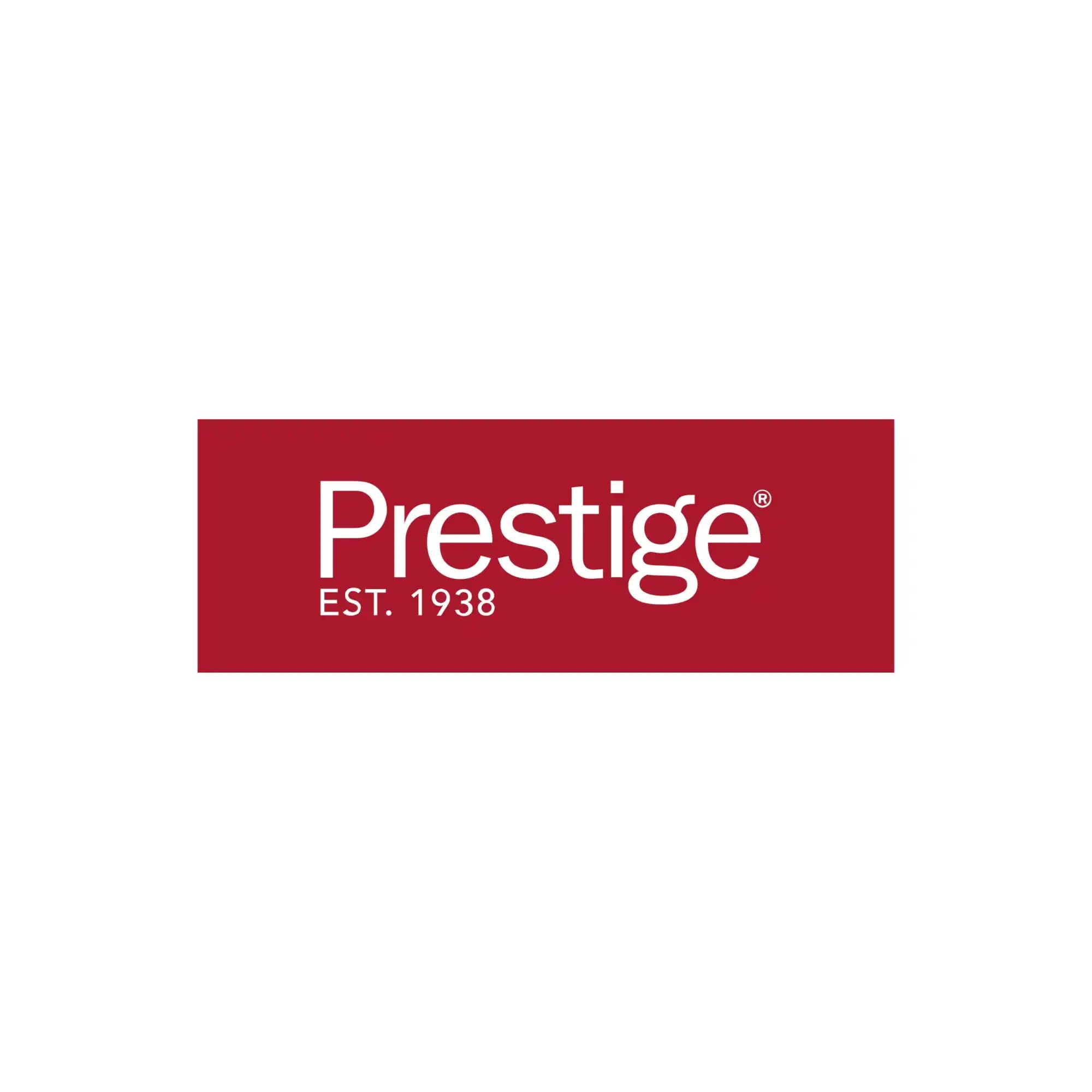 A red rectangular logo with white ’Prestige’ text and ’EST. 1938’’ underneath.