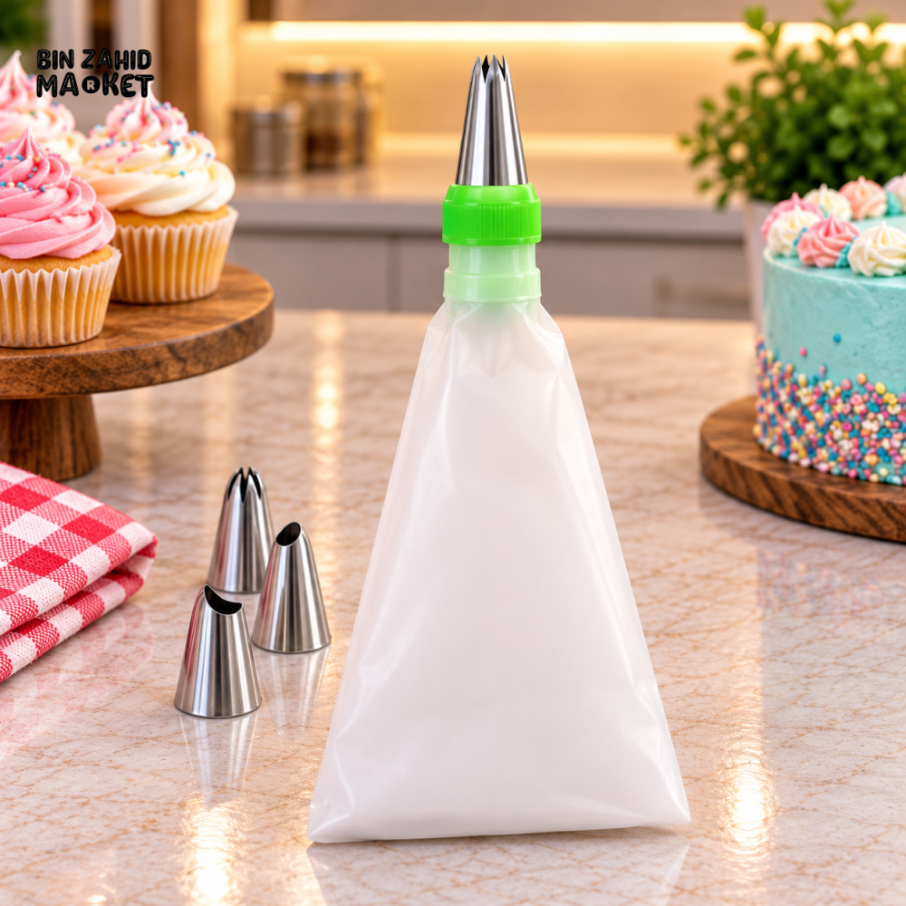 REUSABLE CAKE DECORATING PIPING BAG SET WITH STAINLESS STEEL NOZZLES AND COUPLER