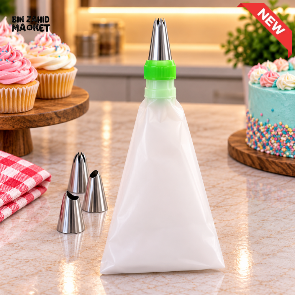 REUSABLE CAKE DECORATING PIPING BAG SET WITH STAINLESS STEEL NOZZLES AND COUPLER