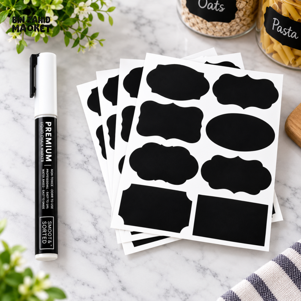 REUSABLE CHALKBOARD LABEL STICKER SET WITH LIQUID CHALK MARKER