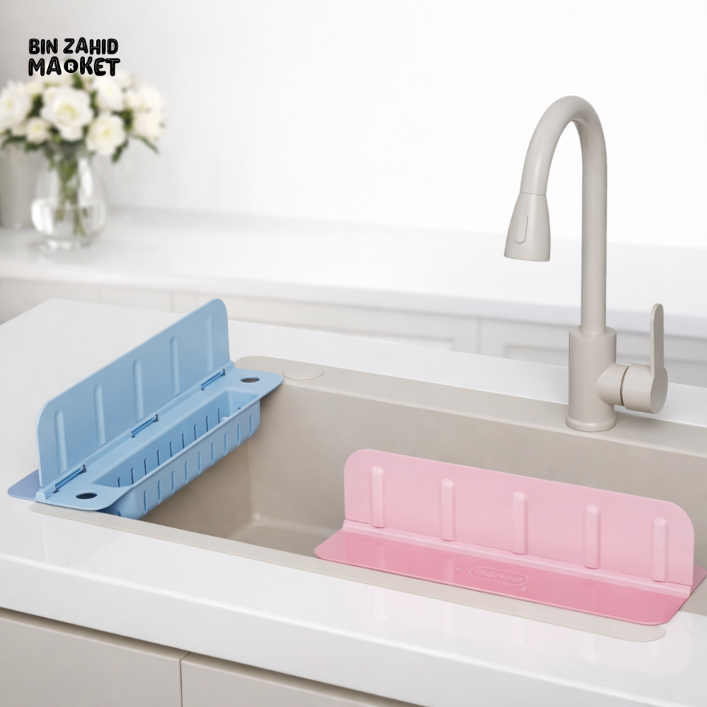 REUSABLE KITCHEN SINK WATER DEFLECTOR PLATE WITH SUCTION CUP – SPLASH-PROOF SOAP & SPONGE RACK