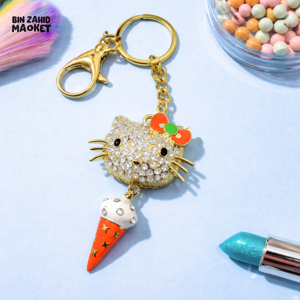 RHINESTONE KITTY KEYCHAIN WITH ICE CREAM CHARM – LUXURY CUTE BAG CHARM & CAR KEYRING FOR GIRLS PURSE BACKPACK & GIFT