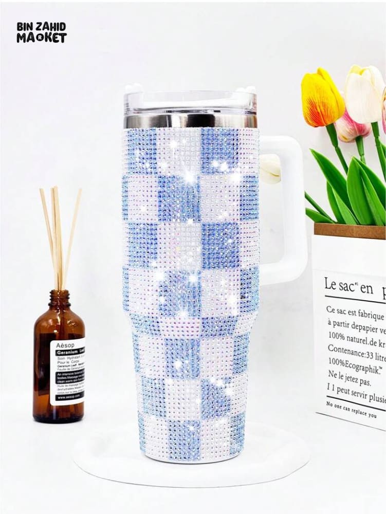RHINESTONE TUMBLER – 40OZ 1200ML SPARKLING DRINKWARE - CHECKERED WHITE AND BLUE