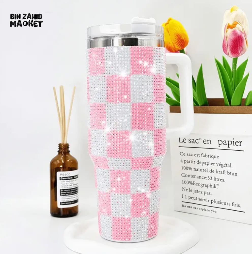 RHINESTONE TUMBLER – 40OZ 1200ML SPARKLING DRINKWARE - CHECKERED WHITE AND PINK