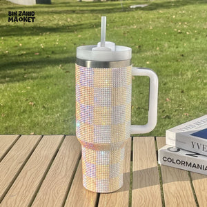 RHINESTONE TUMBLER – 40OZ 1200ML SPARKLING DRINKWARE - CHECKERED WHITE AND YELLOW