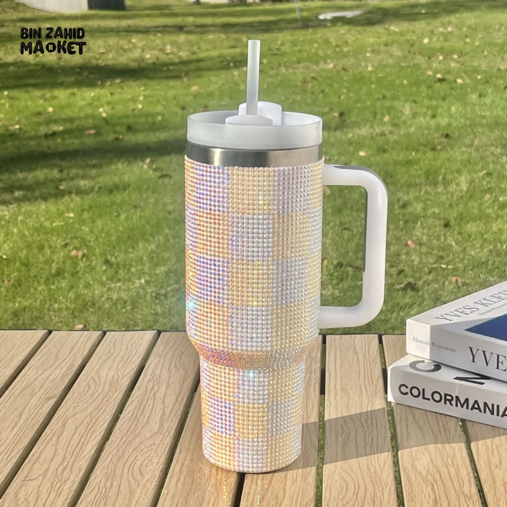 RHINESTONE TUMBLER – 40OZ 1200ML SPARKLING DRINKWARE - CHECKERED WHITE AND YELLOW