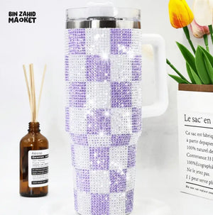 RHINESTONE TUMBLER – 40OZ 1200ML SPARKLING DRINKWARE - CHECKERED WHITE PURPLE