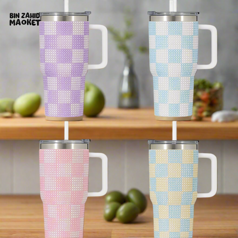 RHINESTONE TUMBLER – 40OZ 1200ML SPARKLING DRINKWARE - CHECKERED WHITE PURPLE