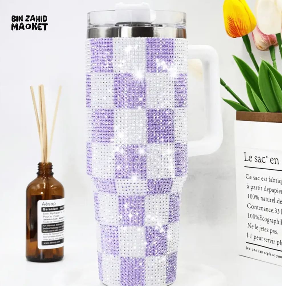 RHINESTONE TUMBLER – 40OZ 1200ML SPARKLING DRINKWARE - CHECKERED WHITE PURPLE