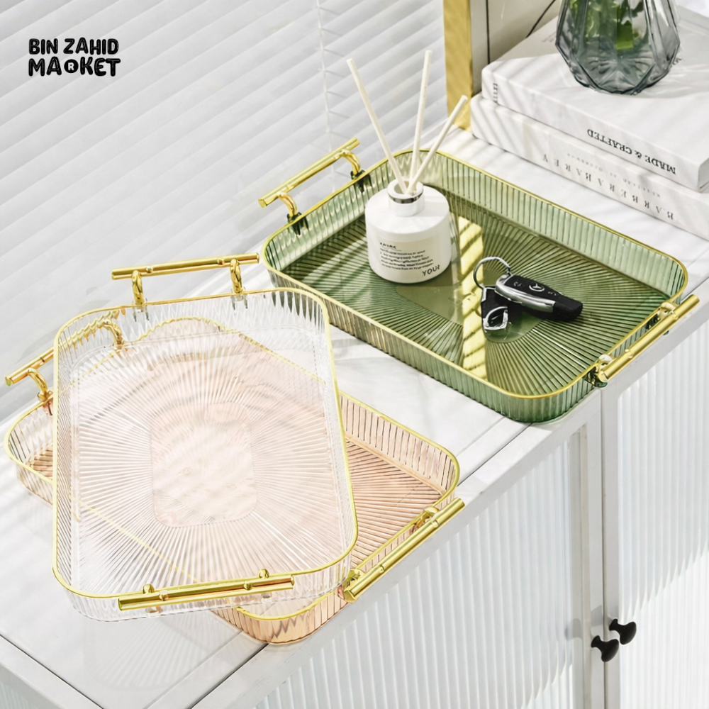 RIBBED ACRYLIC STORAGE TRAY WITH METAL HANDLES – MODERN HOME ORGANIZER