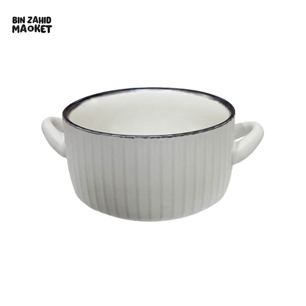 RIBBED CERAMIC SOUP BOWL WITH HANDLES – WHITE & BLACK TRIM 550ML