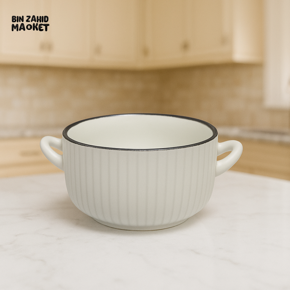 RIBBED CERAMIC SOUP BOWL WITH HANDLES – WHITE & BLACK TRIM 550ML