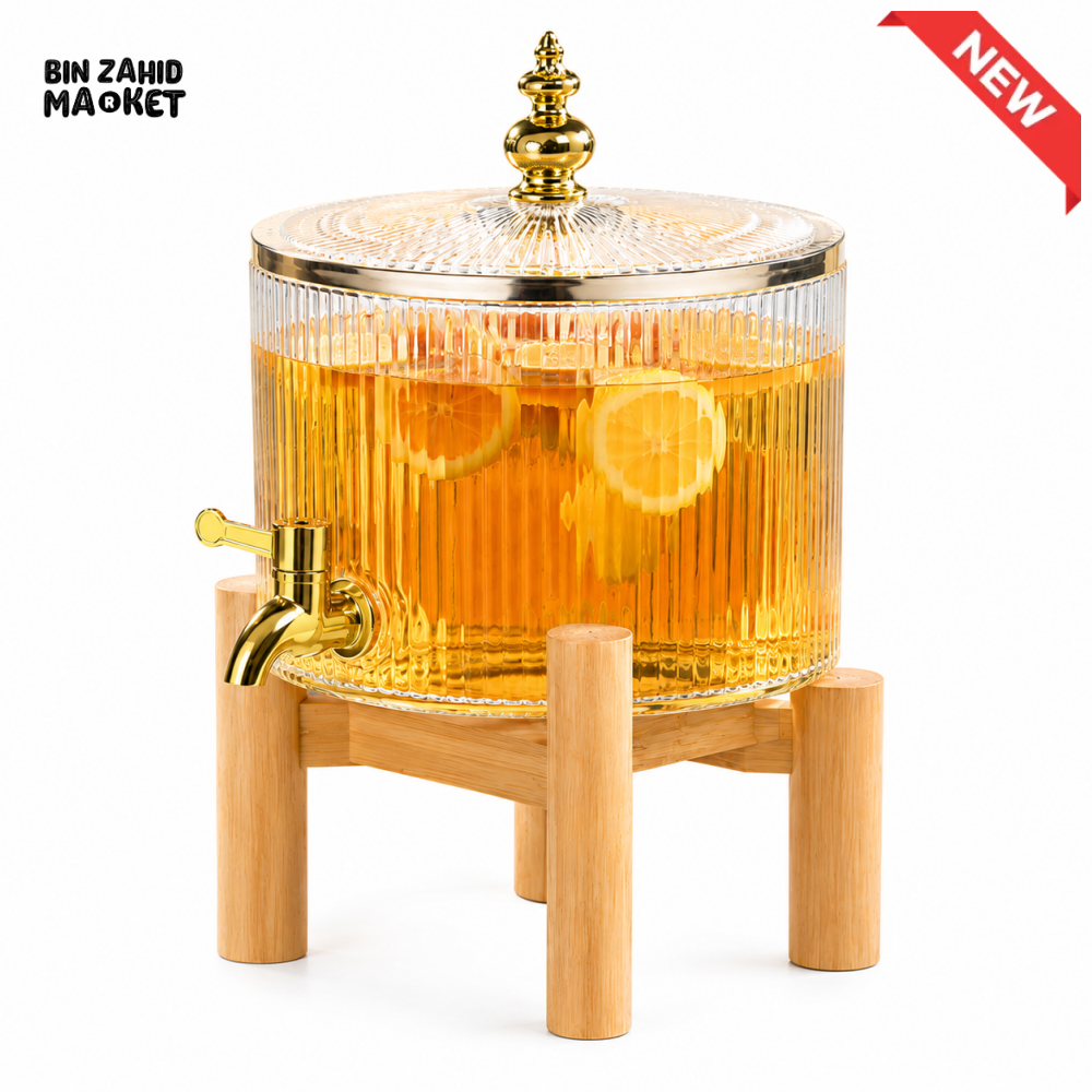 RIBBED GLASS BEVERAGE DISPENSER WITH BAMBOO STAND & GOLD FAUCET - 3.2 LITER