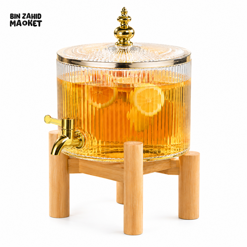 RIBBED GLASS BEVERAGE DISPENSER WITH BAMBOO STAND & GOLD FAUCET - 3.2 LITER