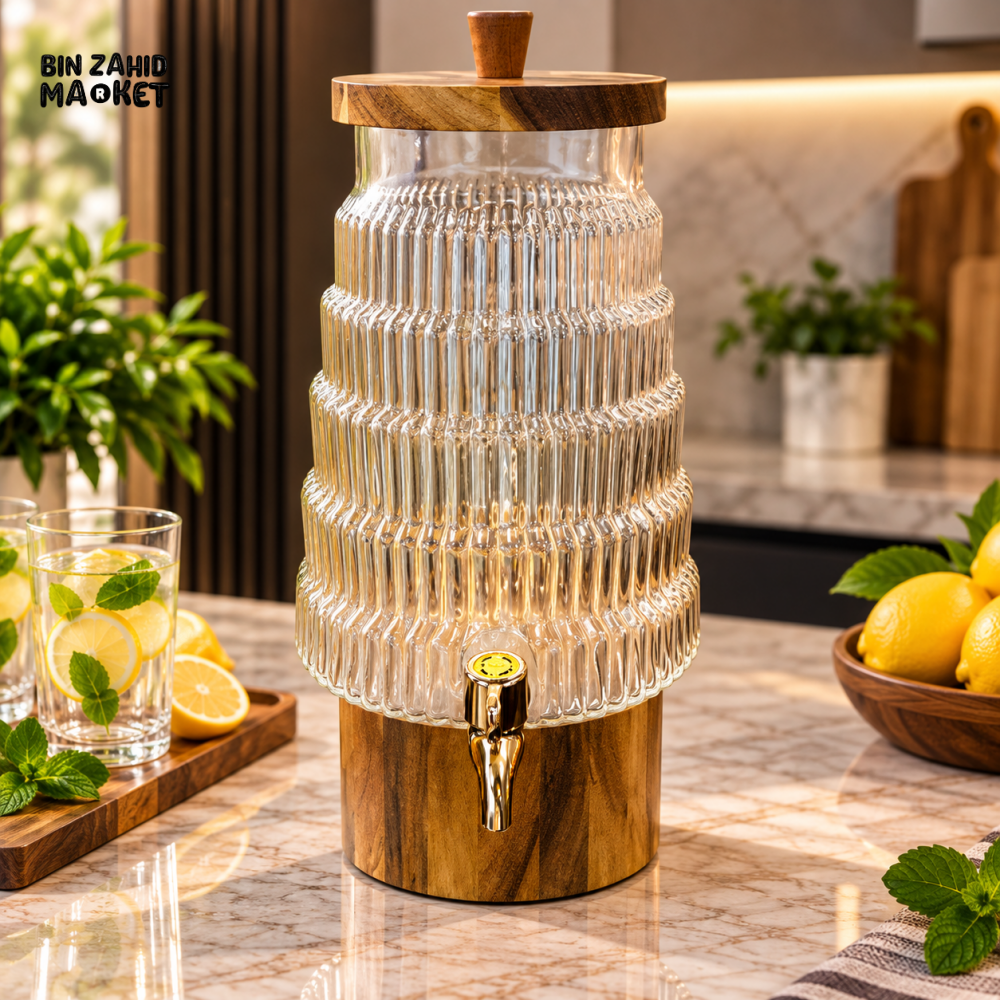 RIBBED GLASS BEVERAGE DISPENSER WITH TAP & WOODEN LID - 5 LITERS