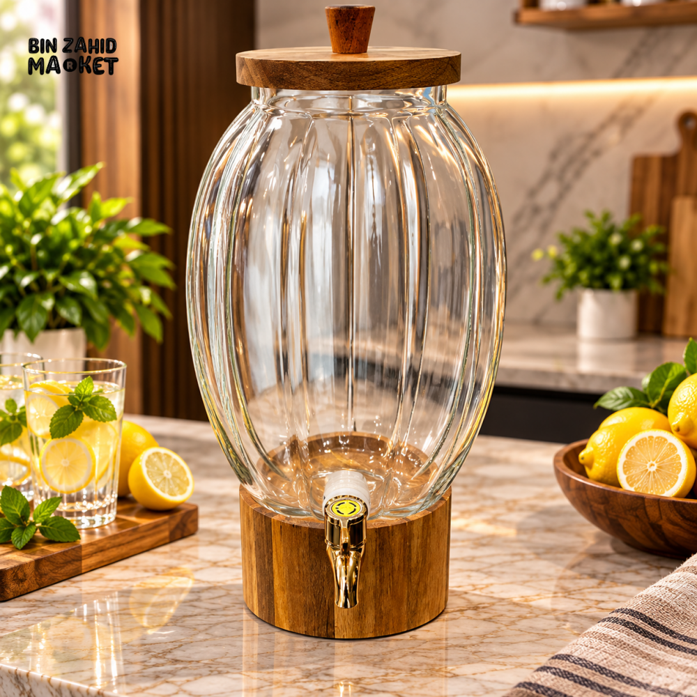 RIBBED GLASS BEVERAGE DISPENSER WITH TAP & WOODEN LID - 5 LITERS