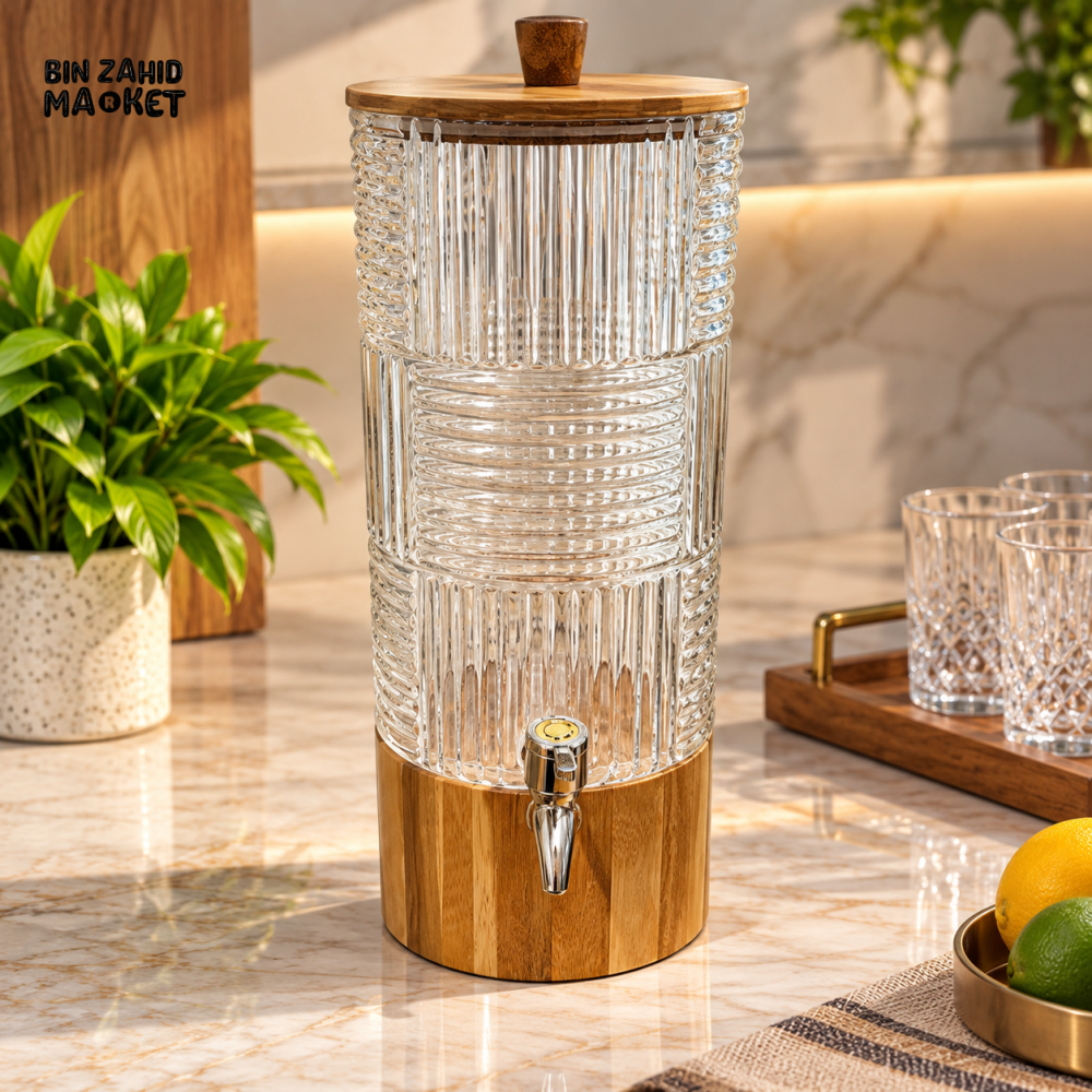 RIBBED GLASS BEVERAGE DISPENSER WITH TAP & WOODEN LID - 5 LITERS