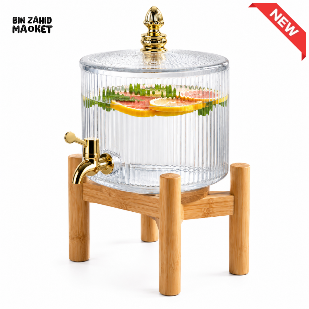RIBBED GLASS BEVERAGE DISPENSER WITH WOODEN STAND & GOLD TAP - 3.2 LITER