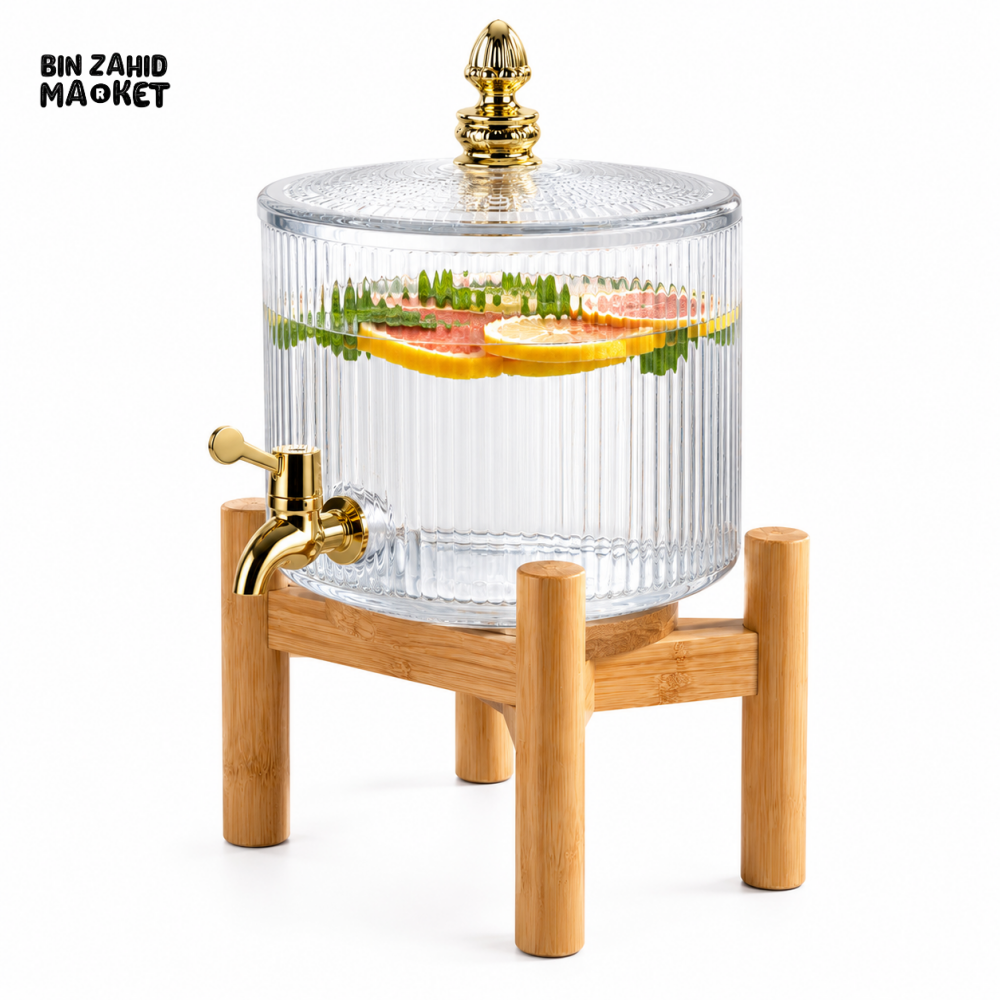 RIBBED GLASS BEVERAGE DISPENSER WITH WOODEN STAND & GOLD TAP - 3.2 LITER