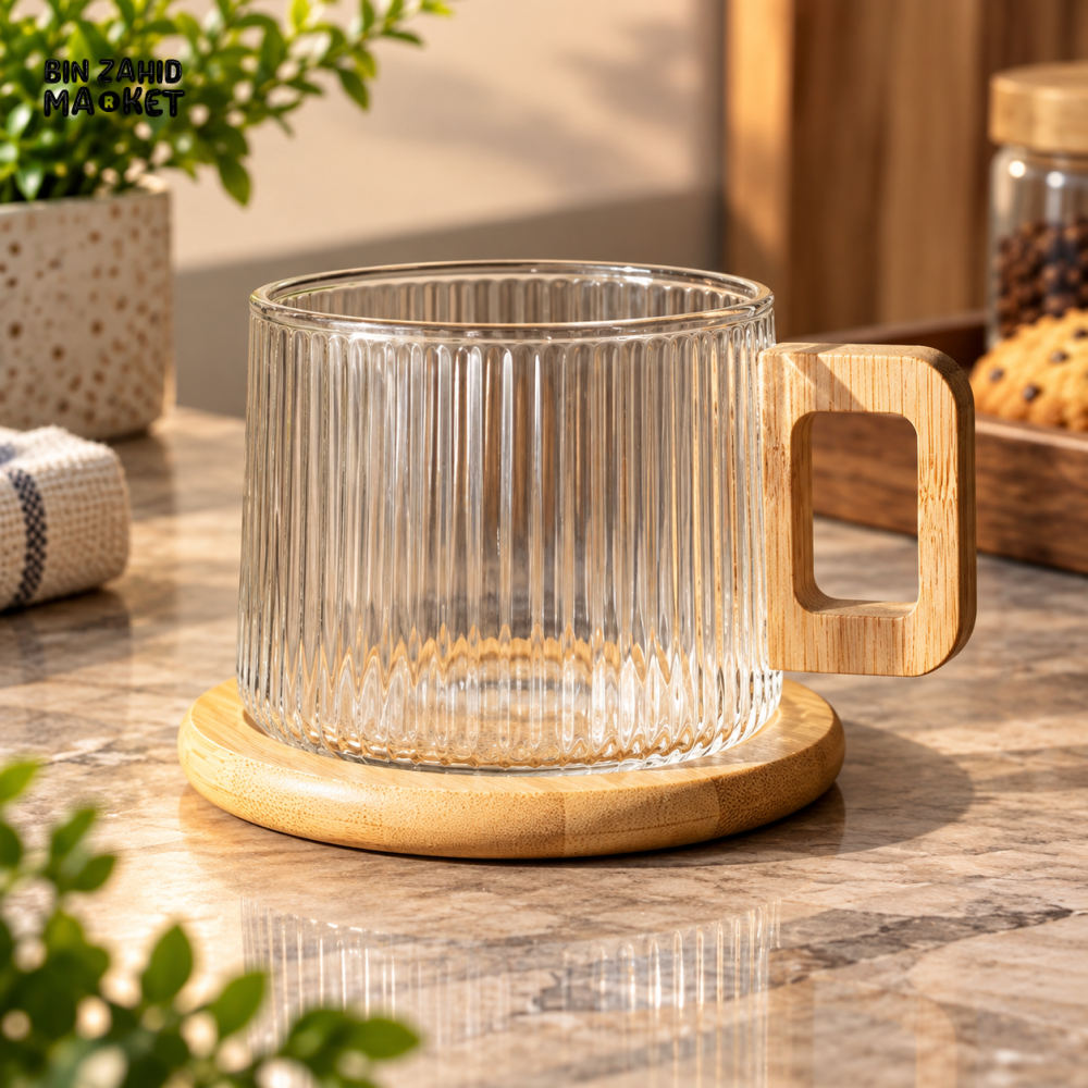 RIBBED GLASS COFFEE MUG WITH WOODEN HANDLE & COASTER