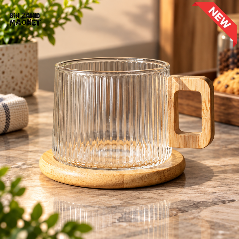 RIBBED GLASS COFFEE MUG WITH WOODEN HANDLE & COASTER