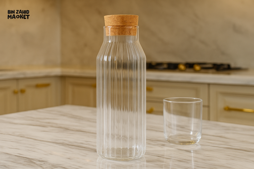 RIBBED GLASS CORK BOTTLE – 1000ML ELEGANT CLEAR STORAGE JAR FOR WATER JUICE & KITCHEN DISPLAY