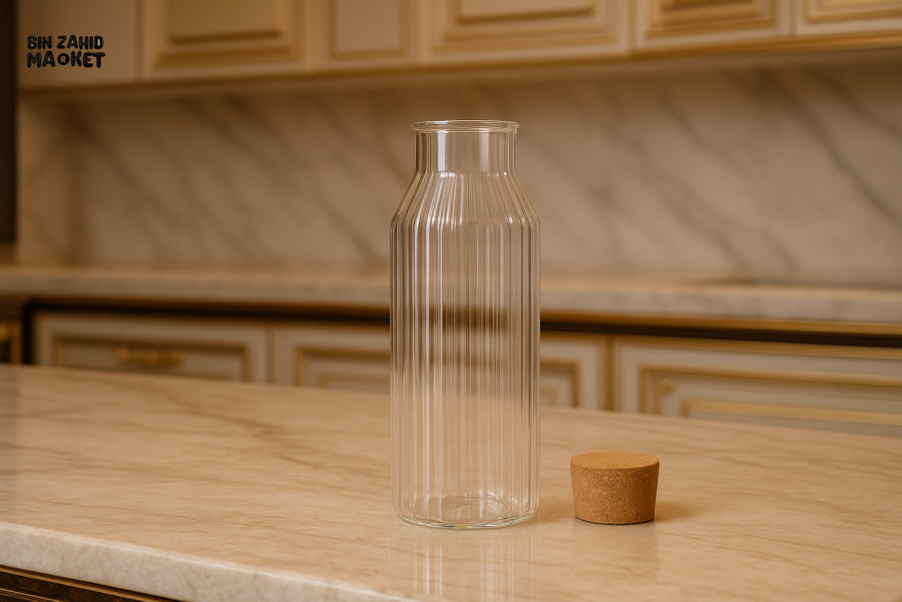 RIBBED GLASS CORK BOTTLE – 1000ML ELEGANT CLEAR STORAGE JAR FOR WATER JUICE & KITCHEN DISPLAY