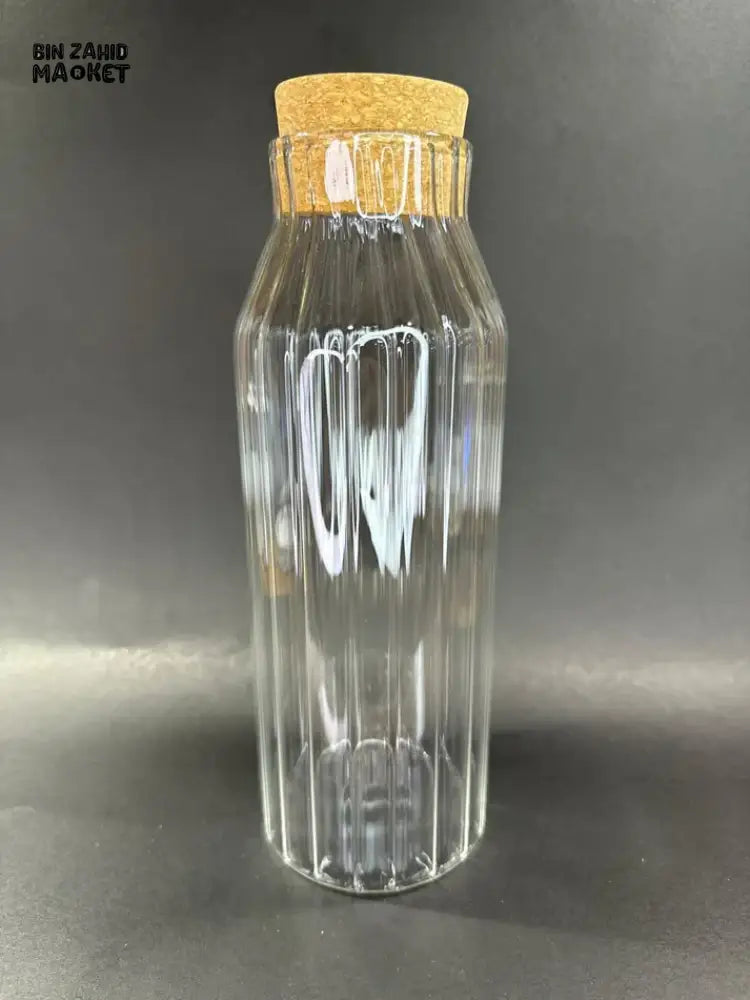 RIBBED GLASS CORK BOTTLE – 1000ML ELEGANT CLEAR STORAGE JAR FOR WATER JUICE & KITCHEN DISPLAY