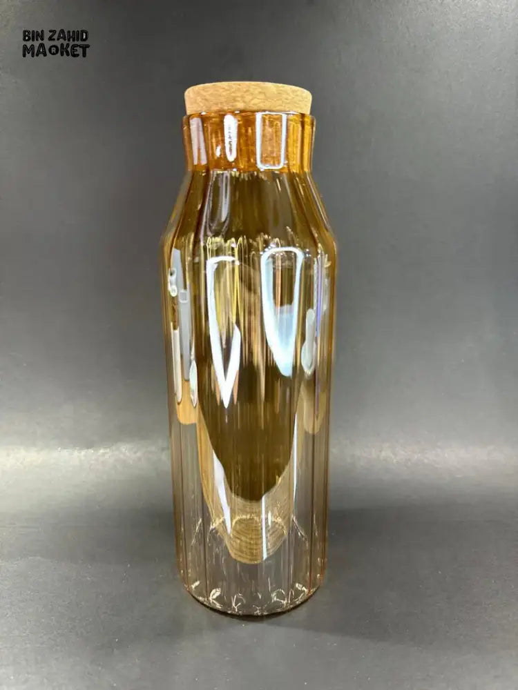 RIBBED GLASS CORK BOTTLE ELEGANT AMBER STORAGE JAR FOR WATER JUICE & KITCHEN DISPLAY