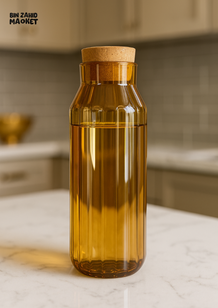 RIBBED GLASS CORK BOTTLE ELEGANT AMBER STORAGE JAR FOR WATER JUICE & KITCHEN DISPLAY