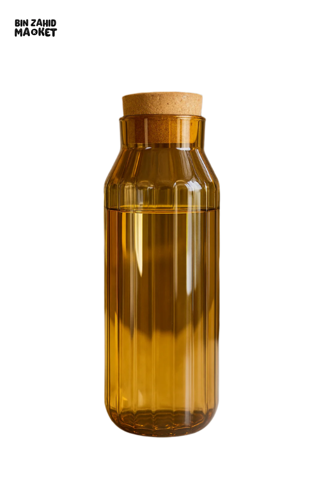RIBBED GLASS CORK BOTTLE ELEGANT AMBER STORAGE JAR FOR WATER JUICE & KITCHEN DISPLAY