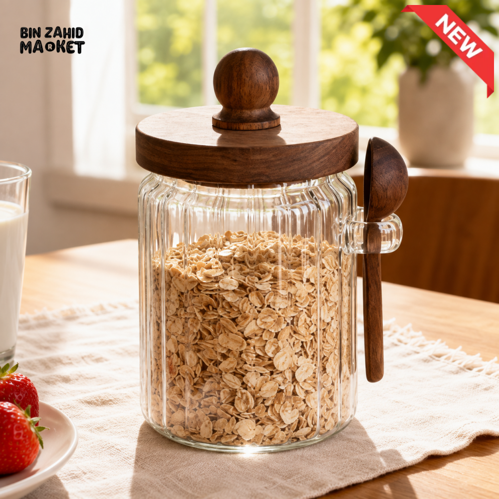 RIBBED GLASS FOOD STORAGE JAR WITH WOODEN LID AND SPOON