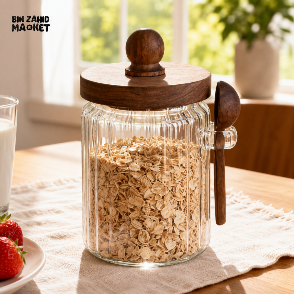 RIBBED GLASS FOOD STORAGE JAR WITH WOODEN LID AND SPOON