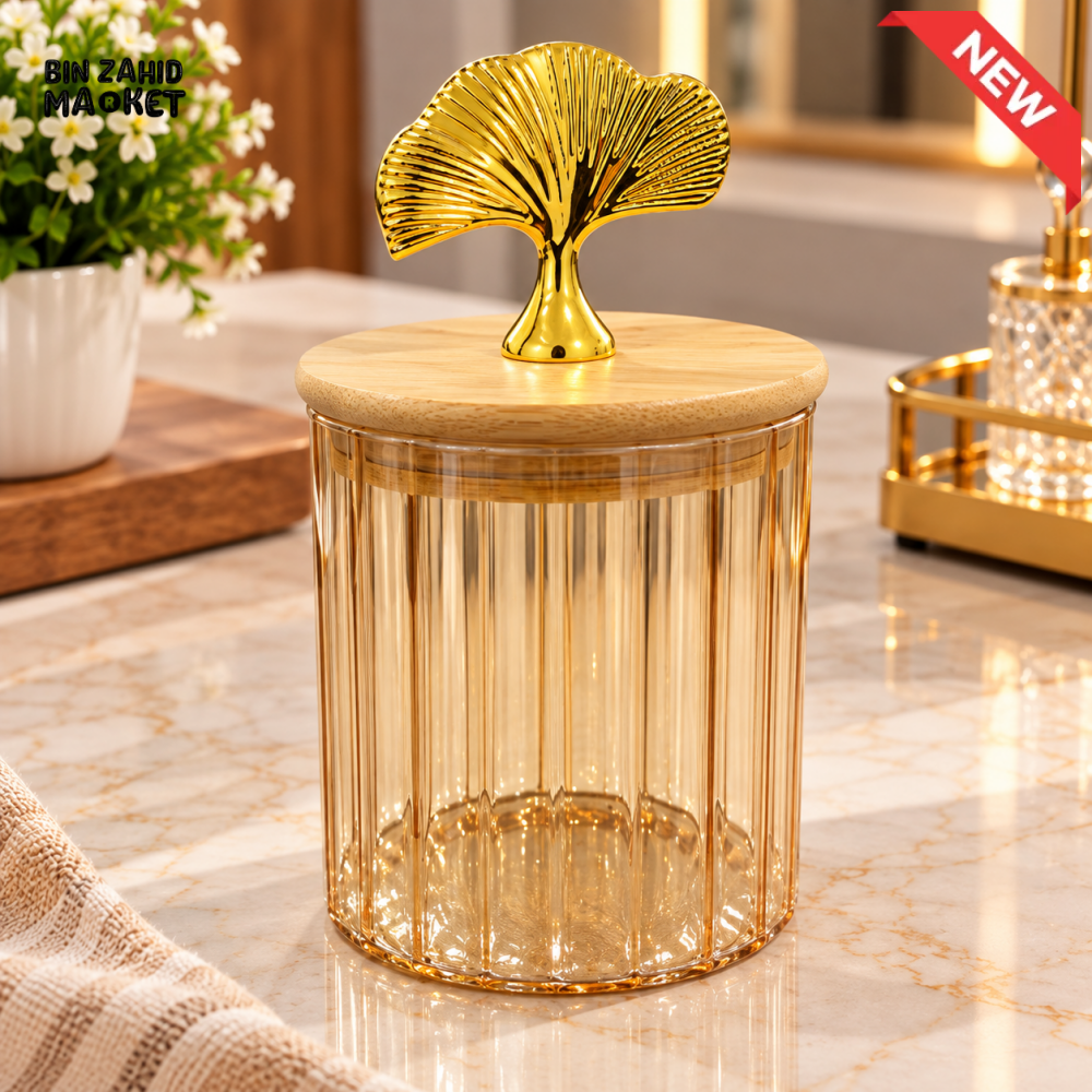 RIBBED GLASS STORAGE JAR WITH WOODEN LID AND GOLD LEAF HANDLE - SMALL - Storage Jars & Canisters