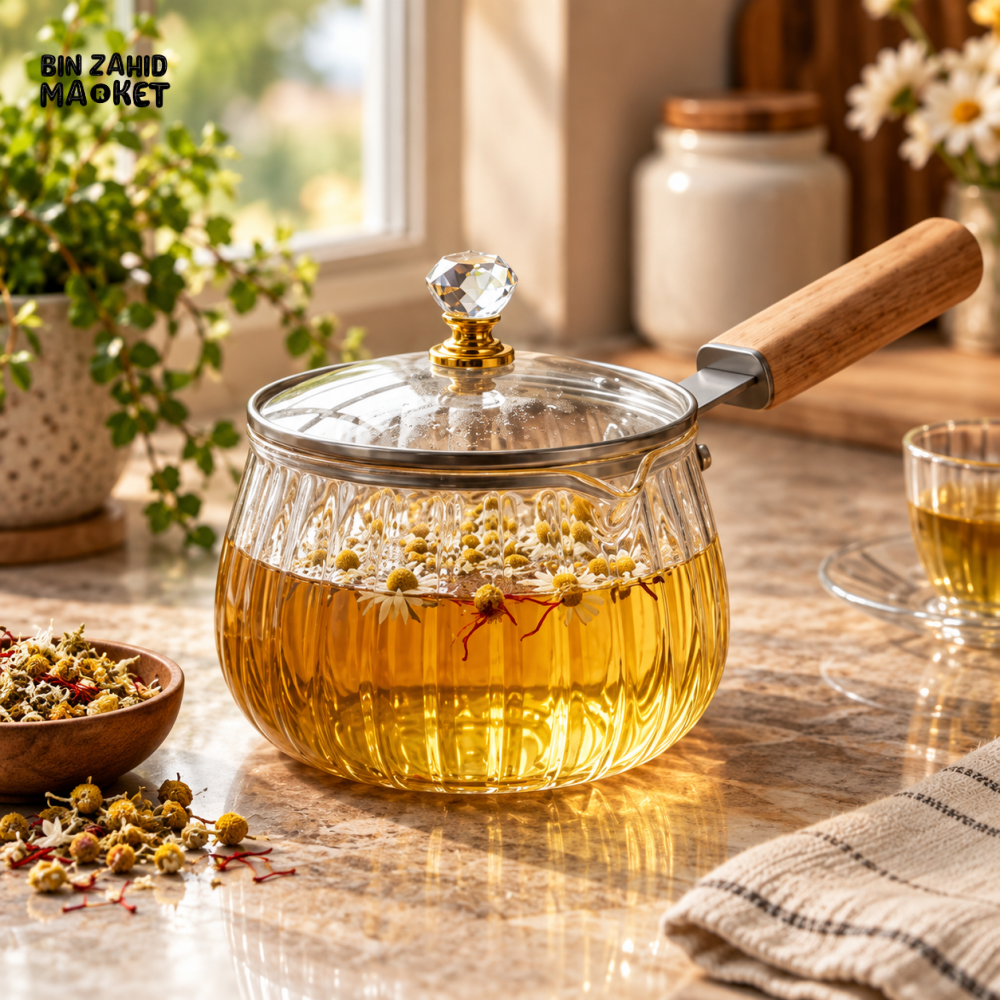 RIBBED GLASS TEAPOT WITH WOODEN HANDLE & CRYSTAL-STYLE LID KNOB