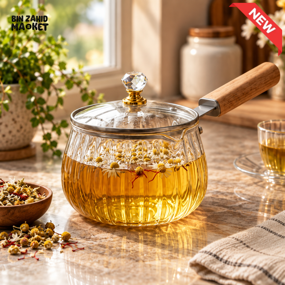 RIBBED GLASS TEAPOT WITH WOODEN HANDLE & CRYSTAL-STYLE LID KNOB