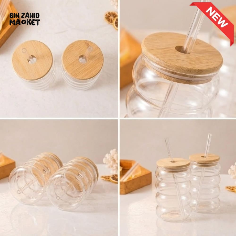 RIBBED GLASS TUMBLER WITH BAMBOO LID AND REUSABLE GLASS STRAW