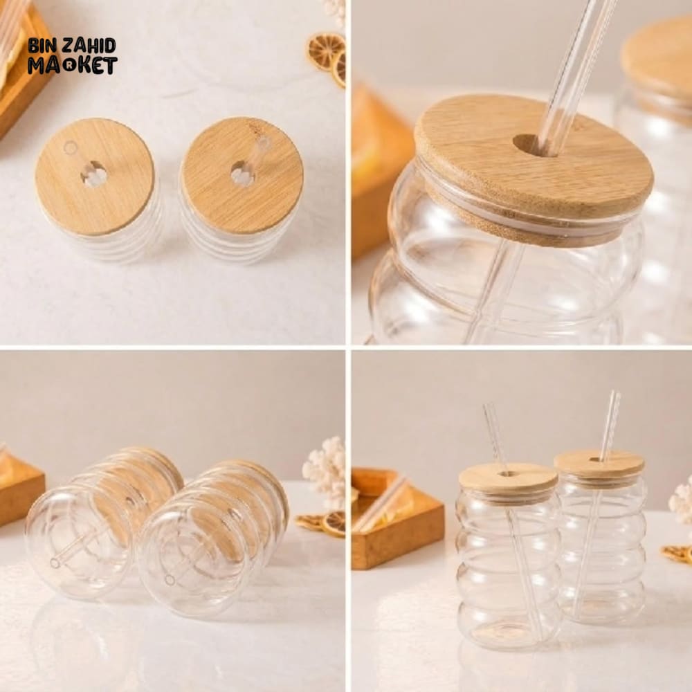 RIBBED GLASS TUMBLER WITH BAMBOO LID AND REUSABLE GLASS STRAW