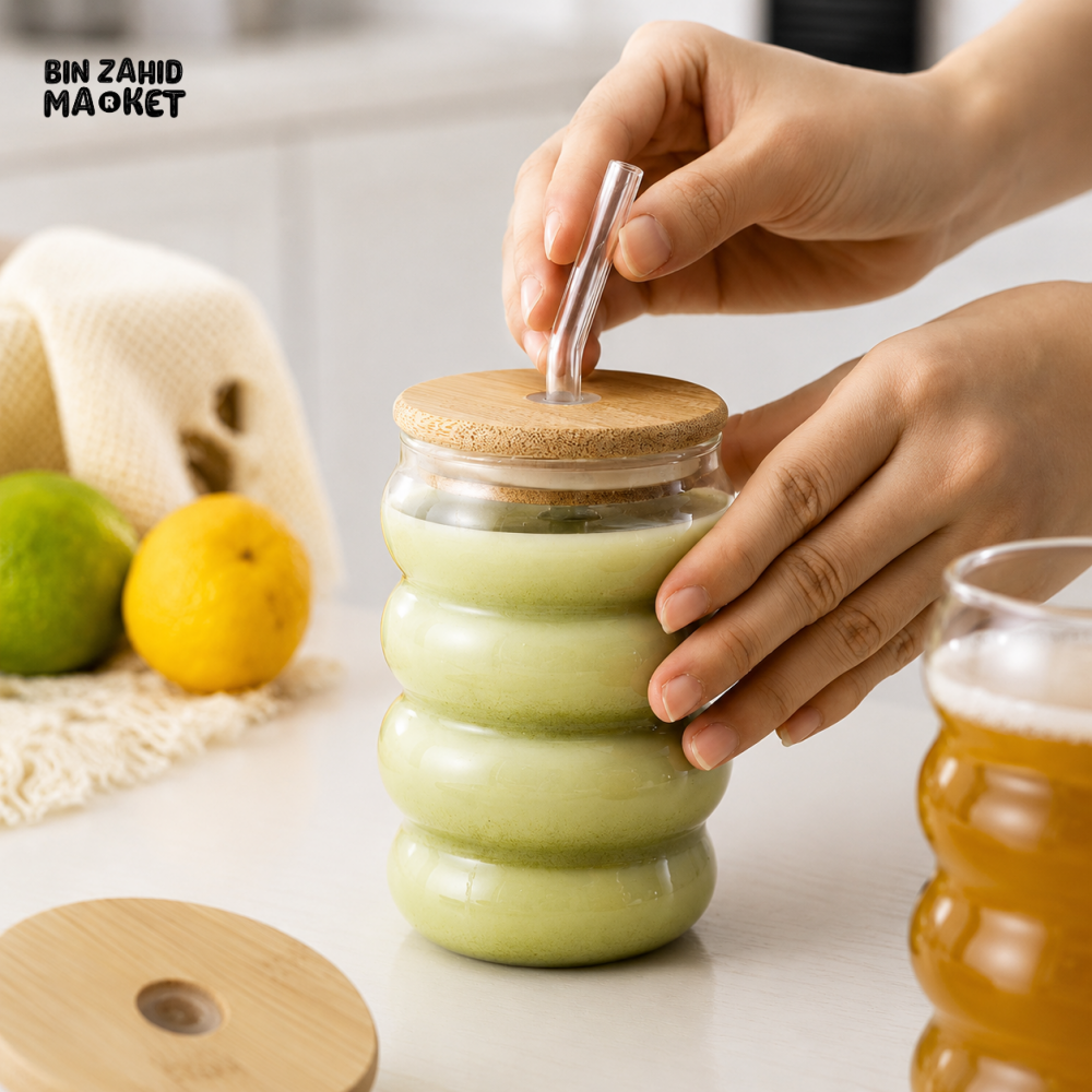 RIBBED GLASS TUMBLER WITH BAMBOO LID AND REUSABLE GLASS STRAW