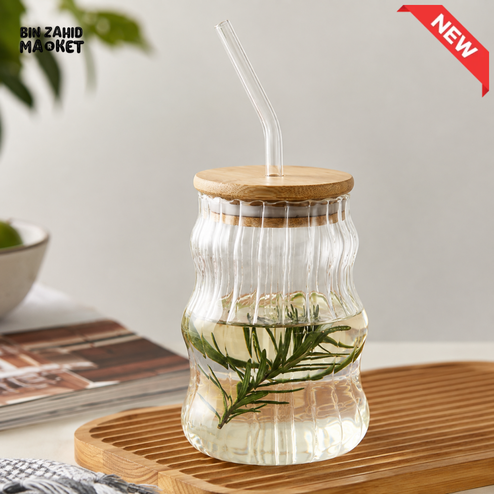 RIBBED GLASS TUMBLER WITH BAMBOO LID AND GLASS STRAW
