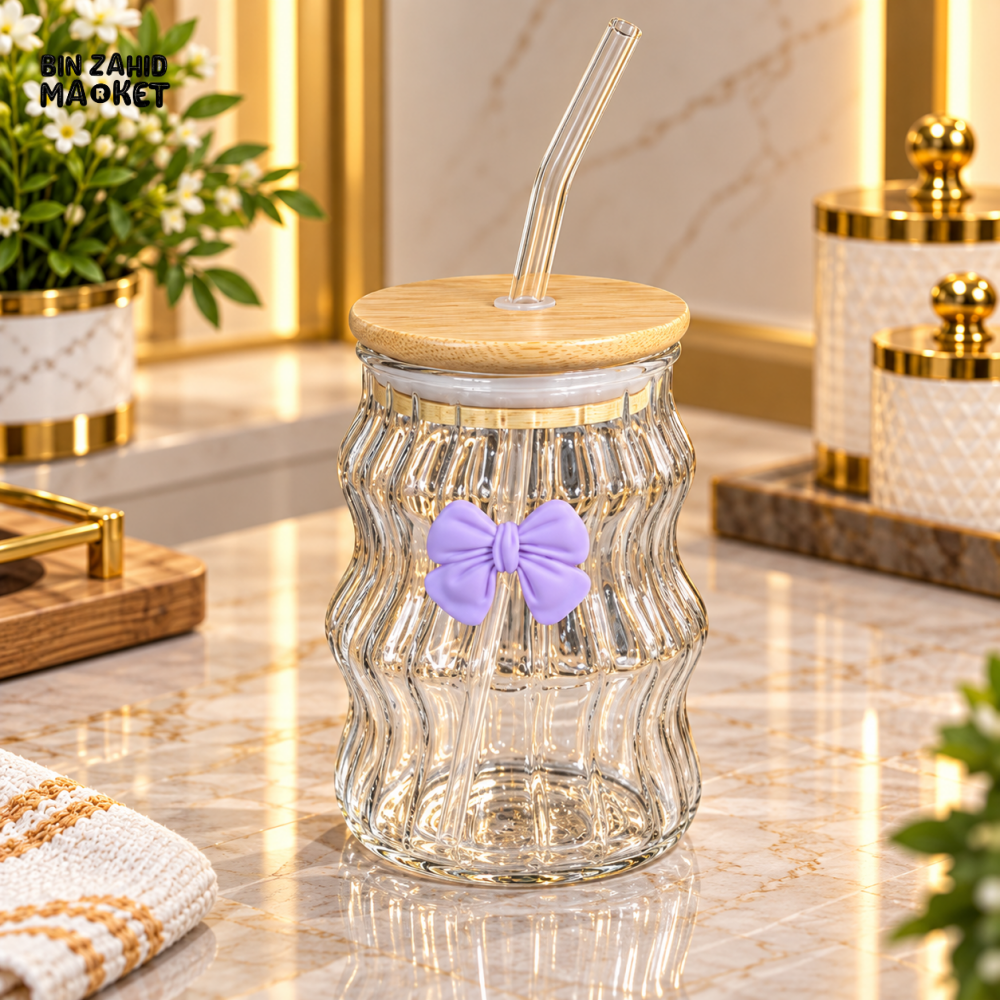 RIBBED GLASS TUMBLER WITH BAMBOO LID STRAW AND BOW ACCENT - Tumblers