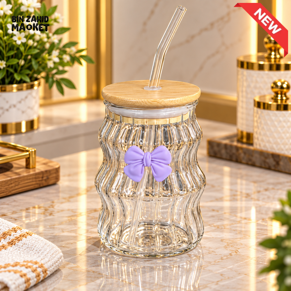 RIBBED GLASS TUMBLER WITH BAMBOO LID STRAW AND BOW ACCENT - Tumblers