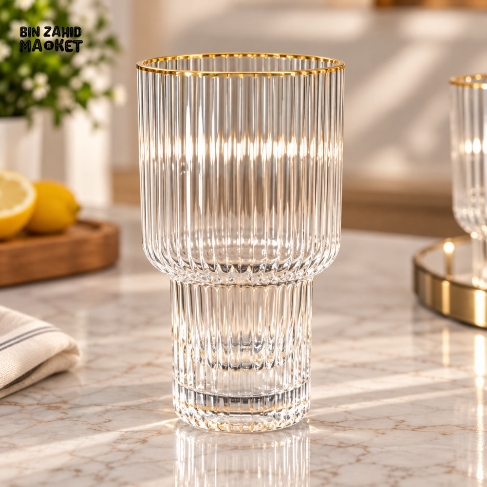 RIBBED GLASS TUMBLER WITH GOLDEN RIM