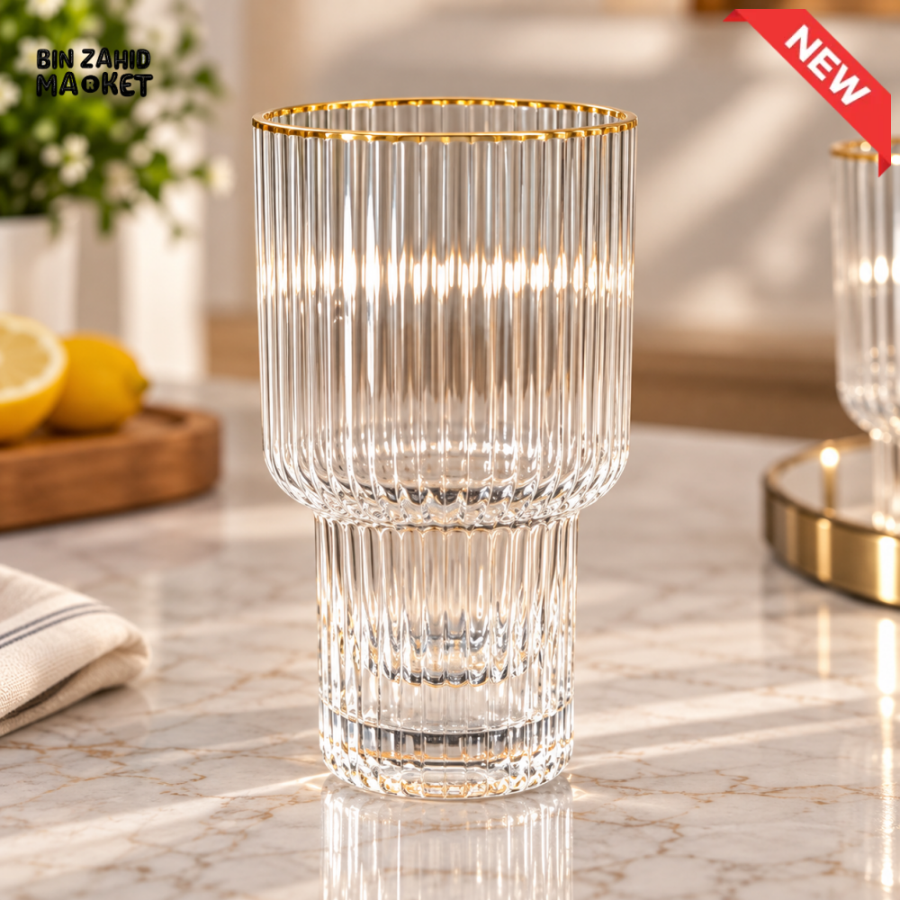 RIBBED GLASS TUMBLER WITH GOLDEN RIM
