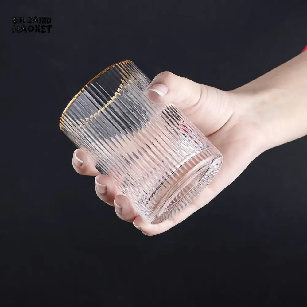 RIBBED GOLD RIM CRYSTAL GLASS SET – 250ML / 9OZ SET OF 6 PIECES ELEGANT DRINKWARE FOR HOME & DINING