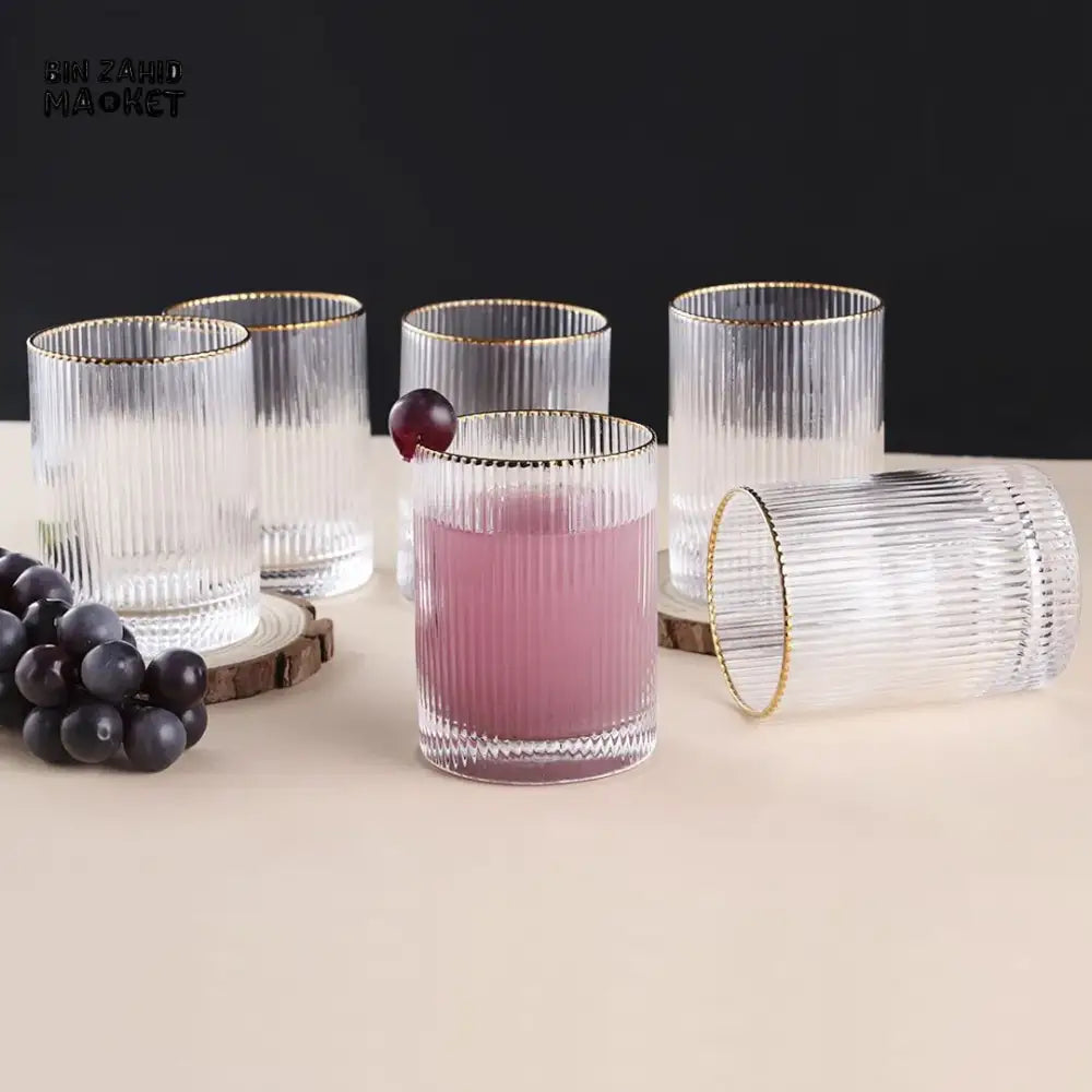 RIBBED GOLD RIM CRYSTAL GLASS SET – 250ML / 9OZ SET OF 6 PIECES ELEGANT DRINKWARE FOR HOME & DINING